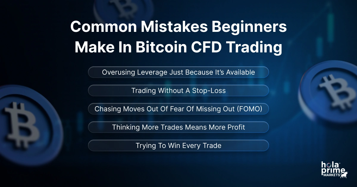 Infographic with title, Common Mistakes Beginners Make in Bitcoin CFD Trading and 5 sub points.